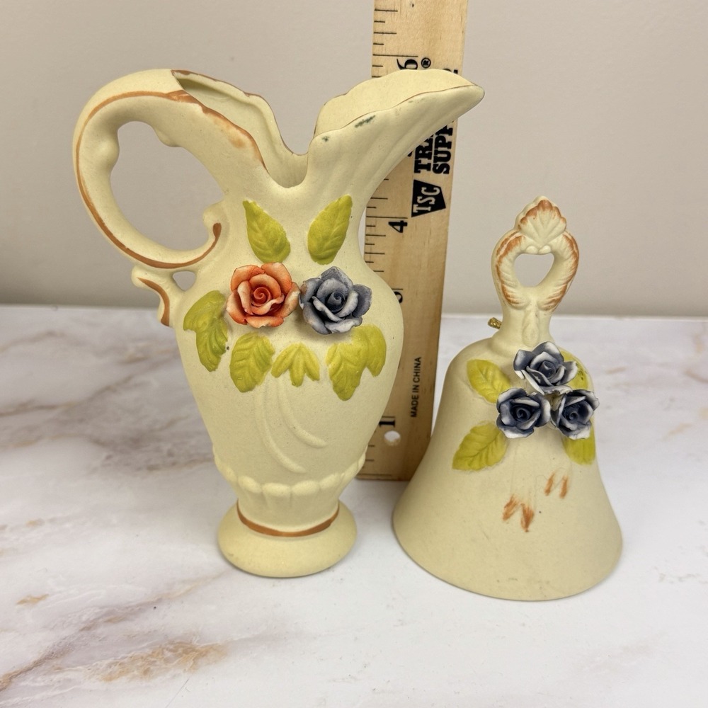 Flambro Porcelain Floral Pitcher Vase Bell Applied Roses Vintage Cottagecore Dec - Picture 6 of 10